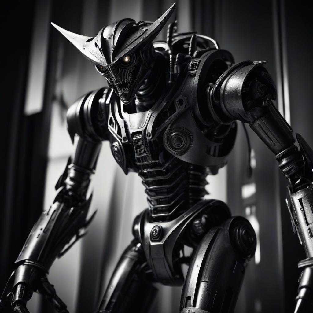  film noir style terrifying metallic wood creature in the form of a robot, with claws, sharp teeth, and empty eyes, . monochrome, high contrast, dramatic shadows, 1940s style, mysterious, cinematic hyperrealistic, full body, detailed clothing, highly detailed, cinematic lighting, stunningly beautiful, intricate, sharp focus, f/1. 8, 85mm, (centered image composition), (professionally color graded), ((bright soft diffused light)), volumetric fog, trending on instagram, trending on tumblr, HDR 4K, 8K