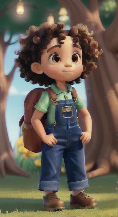  {The tree shining brightly and releasing a gentle, magical light., Riley, a curious with big brown eyes and curly hair, wearing overalls and carrying a small backpack. Their friend, Skye, a bluebird with shiny feathers.