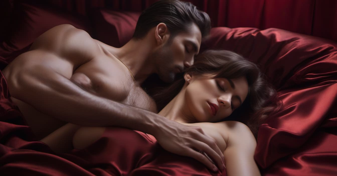  A girl and a man are sleeping on dark red silk sheets. hyperrealistic, full body, detailed clothing, highly detailed, cinematic lighting, stunningly beautiful, intricate, sharp focus, f/1. 8, 85mm, (centered image composition), (professionally color graded), ((bright soft diffused light)), volumetric fog, trending on instagram, trending on tumblr, HDR 4K, 8K