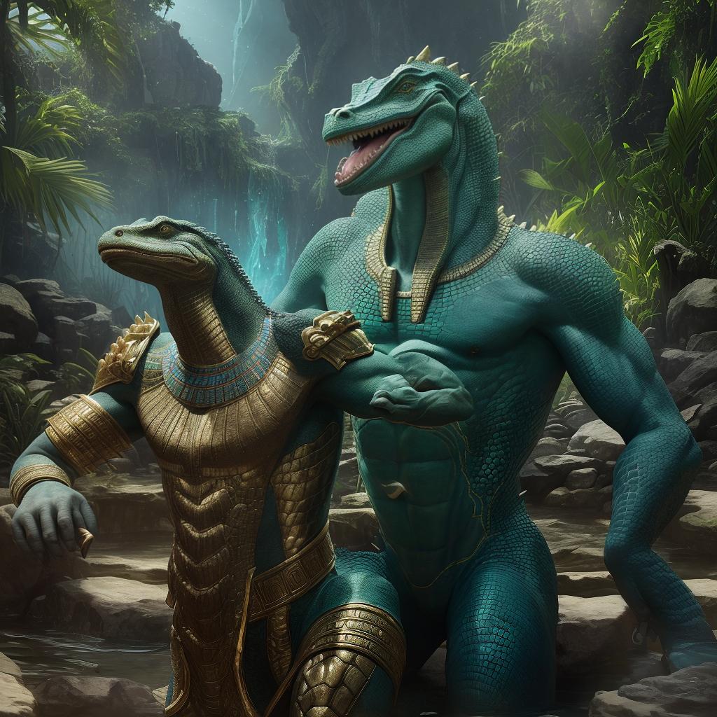  masterpiece, best quality, In this visually captivating photograph, Sobek, the powerful Egyptian deity, manifests himself as a mesmerizing blend of crocodile and human. The setting is a pristine ancient temple submerged in the heart of a dense jungle. The atmosphere is mystical and divine, evoking a sense of reverence and mystique. The style of this image is reminiscent of a hyper-realistic illustration, showcasing the intricate details of Sobek's reptilian scales and the human-like features of his face. Illuminated by a soft, diffused light, the scene exudes an otherworldly aura. The realization of this prompt is achieved through the use of a high-resolution digital camera with precise focus and meticulous post-processing techniques to enh