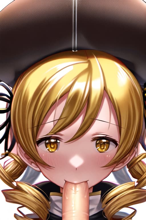  tomoe mami,large,puella magi madoka magica,short long hair,bangs are side parted hair,yellow hair,drill hair,wearing tight,yellow neck ribbon ,black mini cap,,vacuum fellatio,:>=,,fellatio,,view from behind,face focus,1 long,fellatio with head held by hand,in mouth,