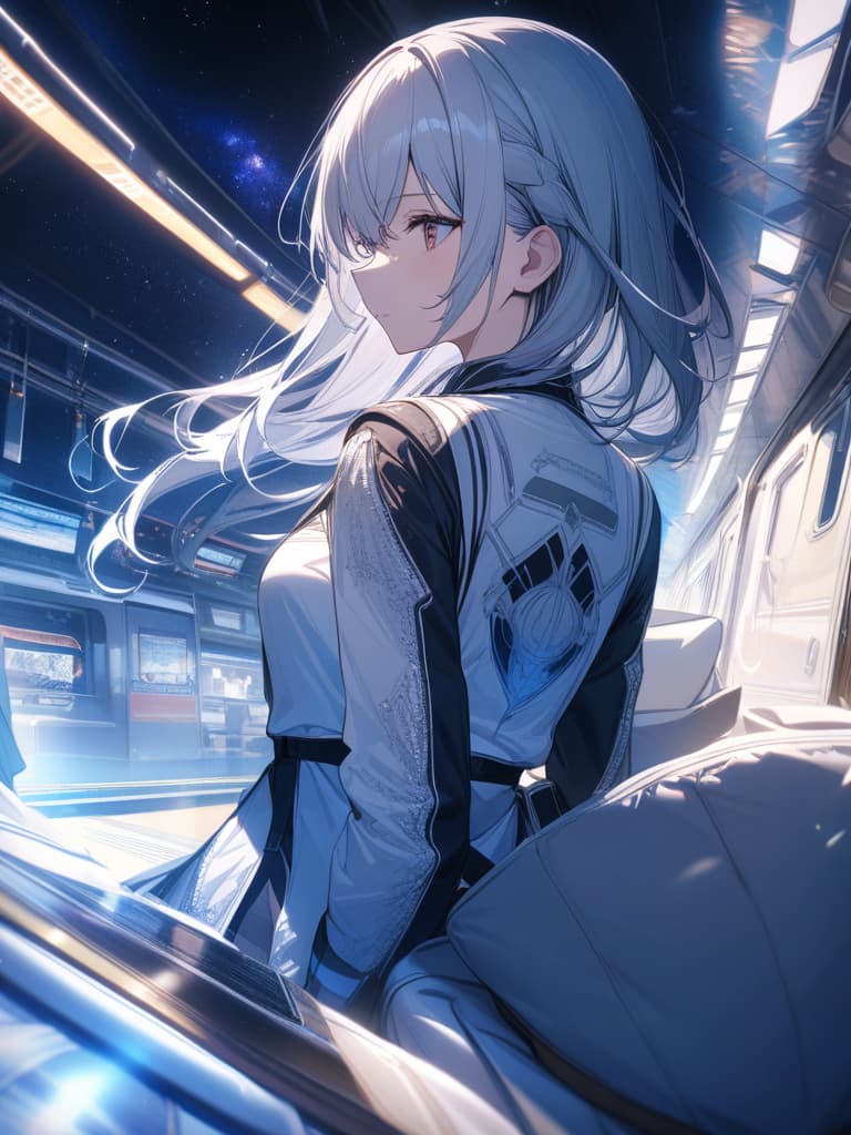  Space, Women, Silver Hair, Cute, Train, Wolf Cut, masterpiece, best quality,8k,ultra detailed,high resolution,an extremely delicate and beautiful,hyper detail