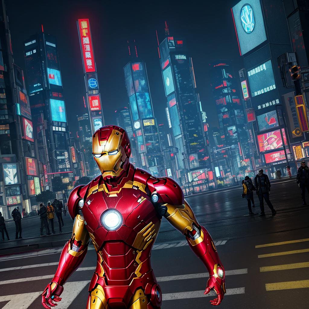  masterpiece, best quality, masterpiece, 8k resolution, realistic, highly detailed, Iron Man close-up. He stands on a street lined with tall buildings in a cyberpunk style city at night. The city's night lights are bright, and the surrounding buildings and streets are full of cyberpunk elements such as neon lights, high-tech equipment and futuristic architectural design.