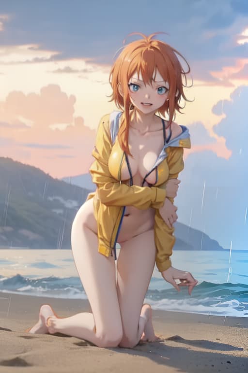  Nami from one piece tweaking in the rain on a beach, full body, naked