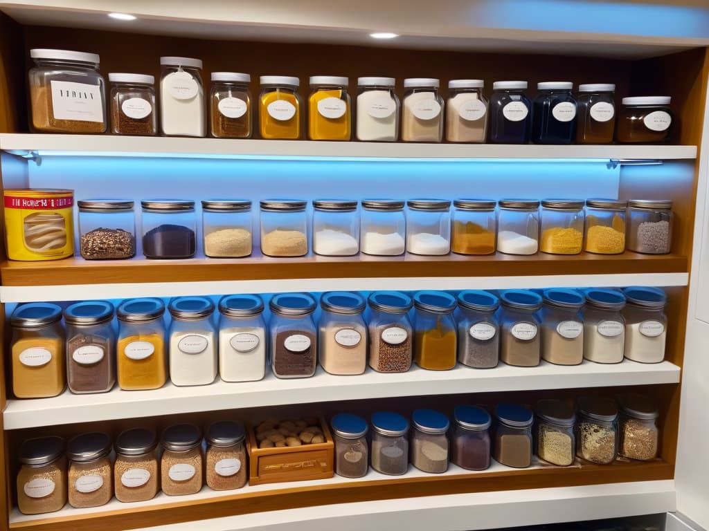  A closeup, ultradetailed image of a perfectly organized pantry shelf dedicated to storing baking ingredients. The shelf is neatly arranged with clear glass jars filled with various types of flour, sugar, and baking soda, each labeled elegantly with calligraphy. The lighting is soft, highlighting the textures and colors of the ingredients, creating a visually appealing and organized display that exudes professionalism and inspires viewers to keep their own pantry in order. hyperrealistic, full body, detailed clothing, highly detailed, cinematic lighting, stunningly beautiful, intricate, sharp focus, f/1. 8, 85mm, (centered image composition), (professionally color graded), ((bright soft diffused light)), volumetric fog, trending on instagram, trending on tumblr, HDR 4K, 8K