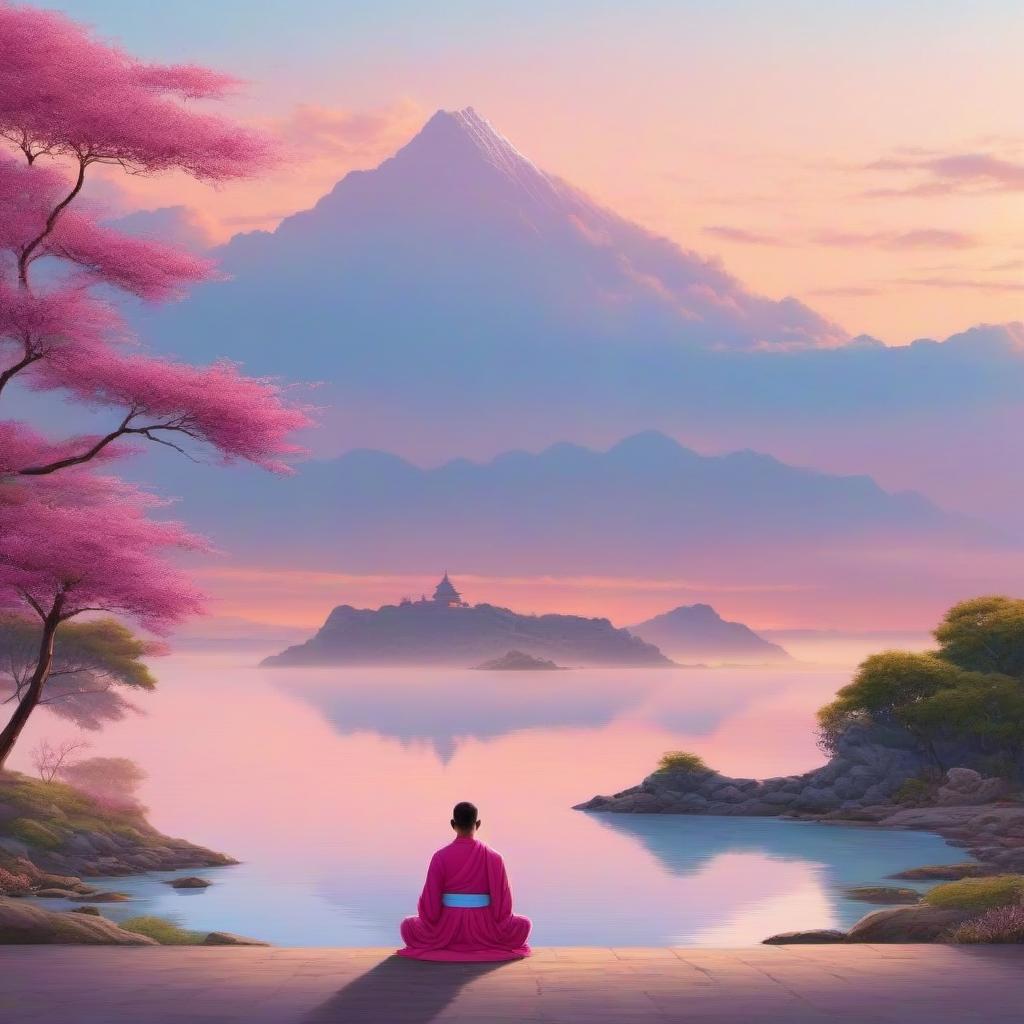  Illustrations, the overall color Macron pink sky blue, a large area of white space, few picture elements, Zen, sunset, monk in the distance --v 6 --ar 3:2