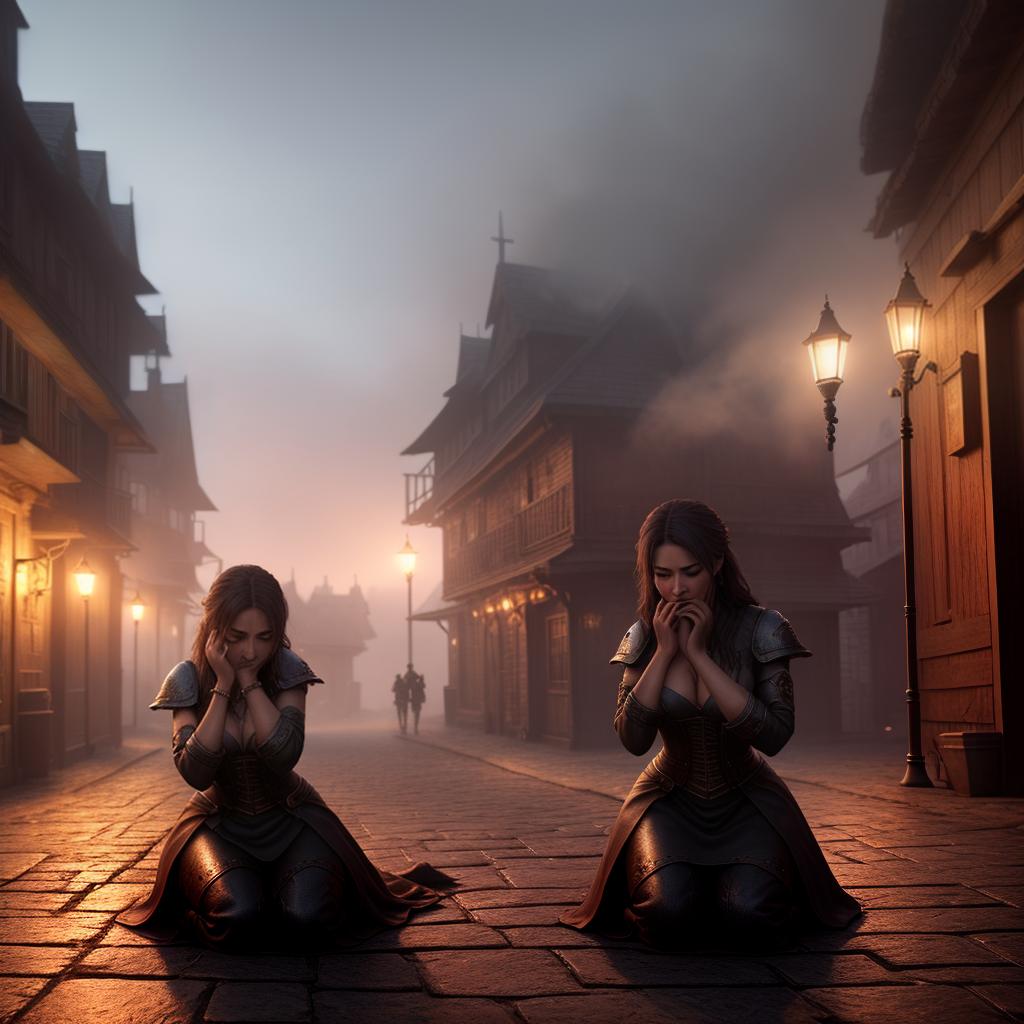  fantasy setting. sitting on the cobblestone outside a burning inn at night. one ager, a terrified crying , kneeling on the ground and screaming, holding her hands on her face, Fire is intense and bright.  8K, 4K, HD hyperrealistic, full body, detailed clothing, highly detailed, cinematic lighting, stunningly beautiful, intricate, sharp focus, f/1. 8, 85mm, (centered image composition), (professionally color graded), ((bright soft diffused light)), volumetric fog, trending on instagram, trending on tumblr, HDR 4K, 8K