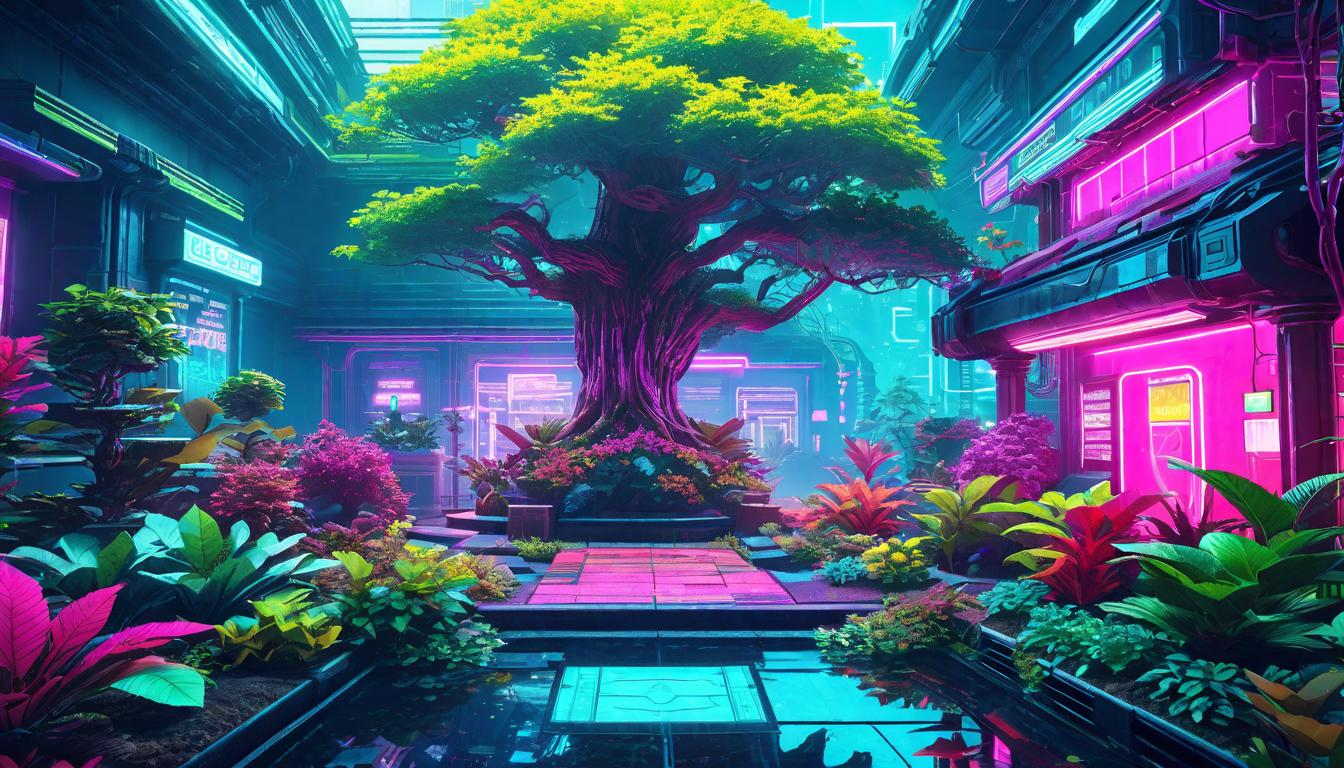  vaporwave,cyberpunk game style A garden with old roots nourishing new plants, symbolizing renewal and continuity, regrowth through wisdom, rooted renewal, continuity in change, nourished rebirth.eon, dystopian, futuristic, digital, vibrant, detailed, high contrast, reminiscent of cyberpunk genre video games,retro aesthetic, cyberpunk, vibrant, neon colors, vintage 80s and 90s style, highly detailed