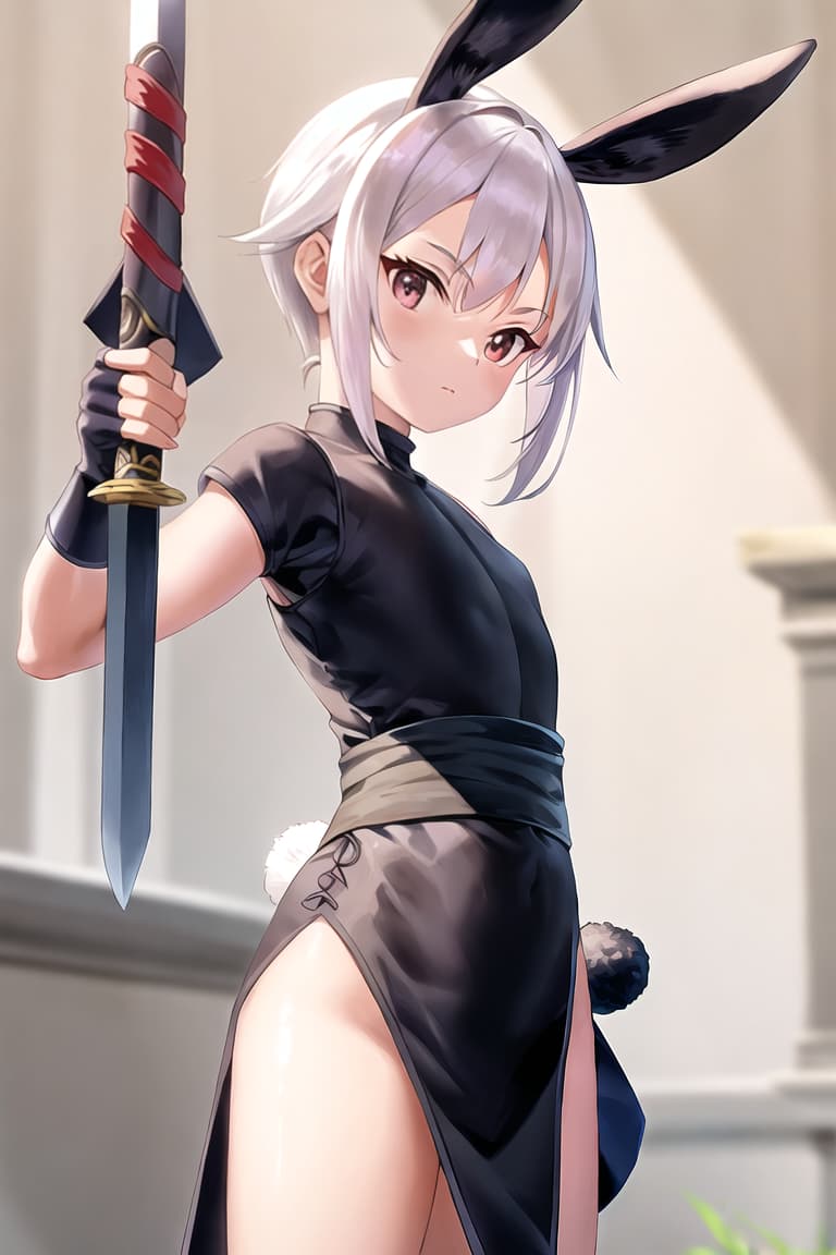  master piece , best quality,Ninja with rabbit ears, white hair. She is small, has poor s, and carries a sword. Overall standing picture.