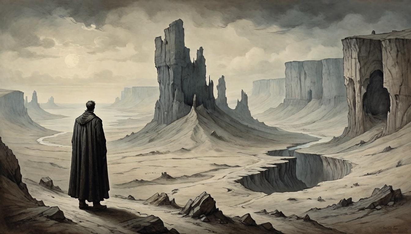  on parchment, surrealism+++, Ragged cliffs encircling a desolate landscape, where a solitary figure gazes into the abyss, epitome of despair and isolation, stark beauty of barrenness, edge of existence, profound solitude, emotional abyss(mysterious, provocative, symbolic,muted color)+++