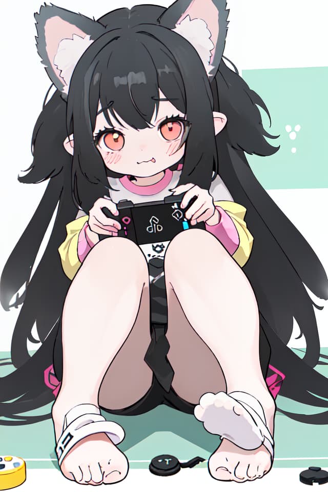  Dog girl with long hair and sagging ears loves to play games,Her shy face is so cute,gamepad,face focus,enbarred