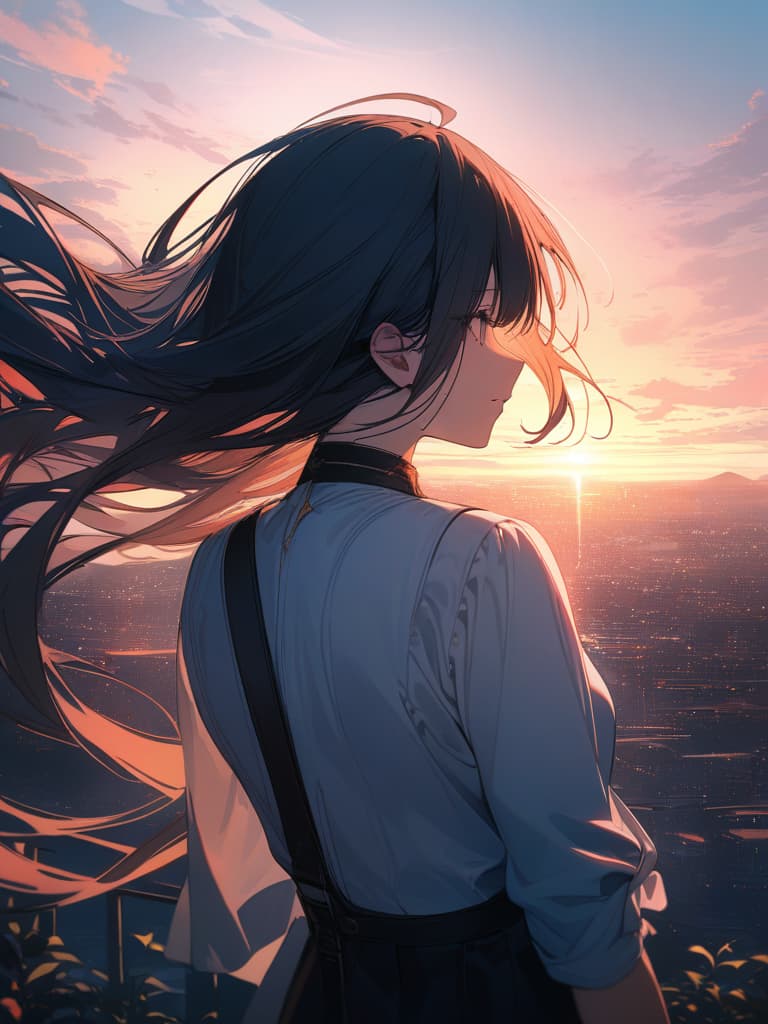  The background is the city of the city, the sky in the sky, the sunset a little, the woman is watching the sunset, the back, masterpiece, best quality,8k,ultra detailed,high resolution,an extremely delicate and beautiful,hyper detail