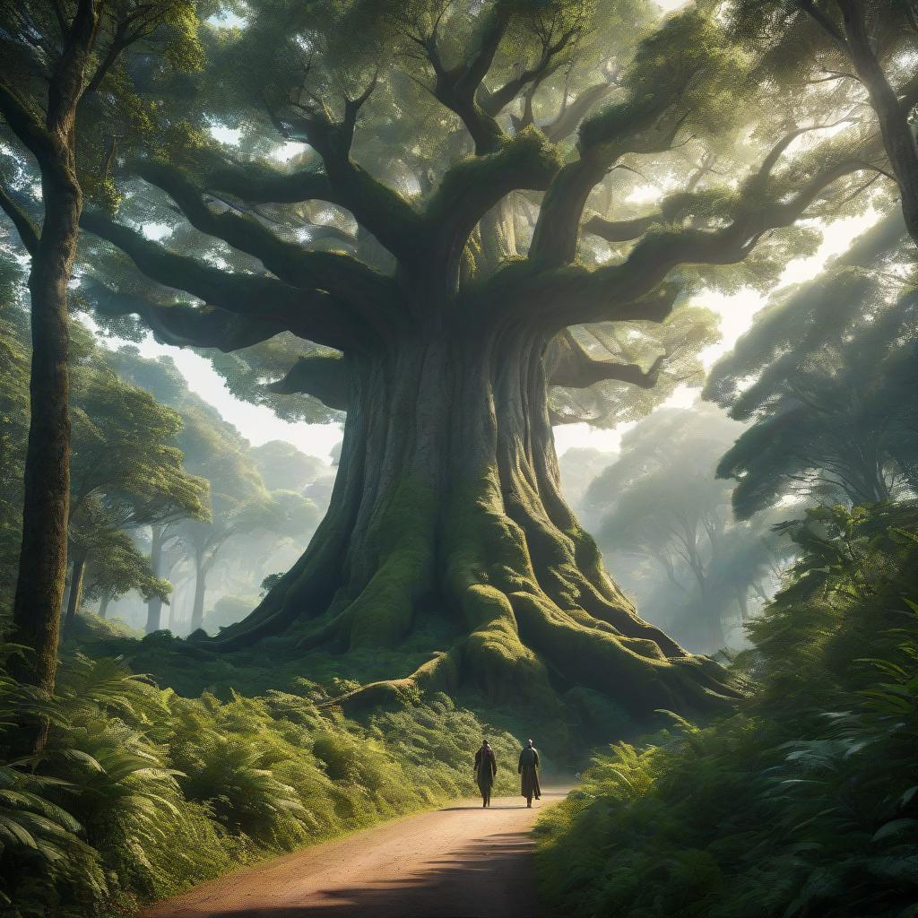  A giant tree in the middle of the forest with a path leading to it, surrounded by bushes, thickets, and jungles. hyperrealistic, full body, detailed clothing, highly detailed, cinematic lighting, stunningly beautiful, intricate, sharp focus, f/1. 8, 85mm, (centered image composition), (professionally color graded), ((bright soft diffused light)), volumetric fog, trending on instagram, trending on tumblr, HDR 4K, 8K