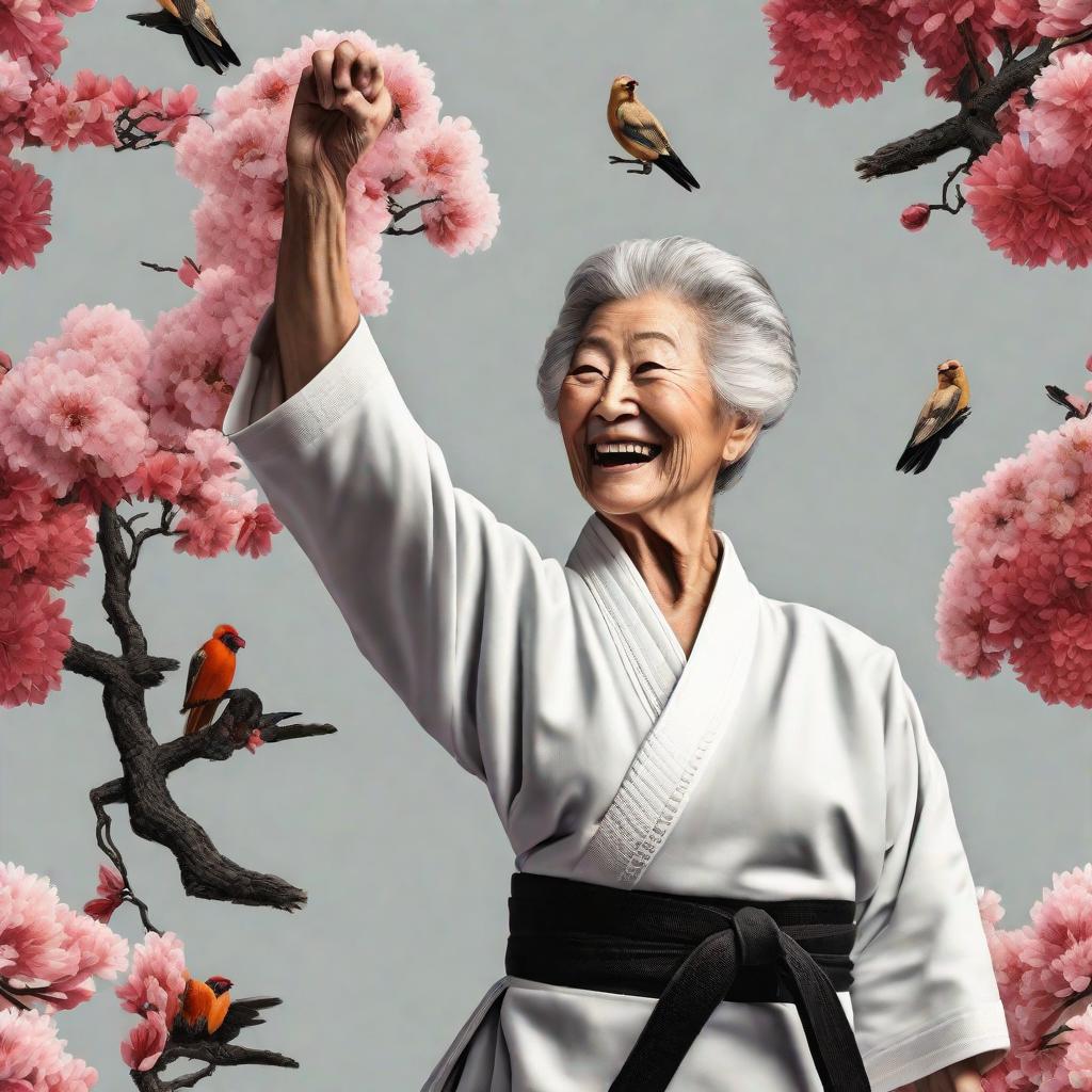  una imagen hiperrealista y arte digital de una abuelita en un kimono de karate blanco con cinturón negro,saltando con una patada lateral en el aire,saltando y efecto de aire,rompiendo una tabla de madera con su pie,con una sonrisa en su cara,con un fondo de montaña,pie tocando la madera,pelo despeinado,kimono viejo,roto y embarrado,con un templo chino detrás,pájaros volando en el fondo,y el nombre "Beth "bordado en el kimono,salpicaduras de barro. hyperrealistic, full body, detailed clothing, highly detailed, cinematic lighting, stunningly beautiful, intricate, sharp focus, f/1. 8, 85mm, (centered image composition), (professionally color graded), ((bright soft diffused light)), volumetric fog, trending on instagram, trending on tumblr, HDR 4K, 8K