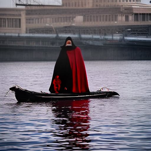 lnkdn photography The hooded assassin in 'Vintage Voyage', embarking on a midnight cloak black timeless, enduring, and blood red unforgettable voyage, with the historic and antiquated ship evoking a sense of adventure