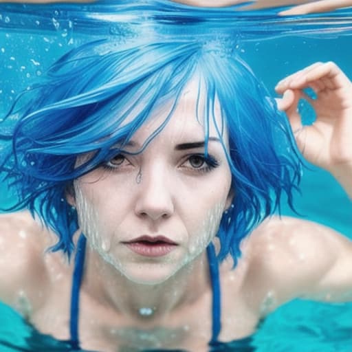  woman under water with short blue hair no reaction