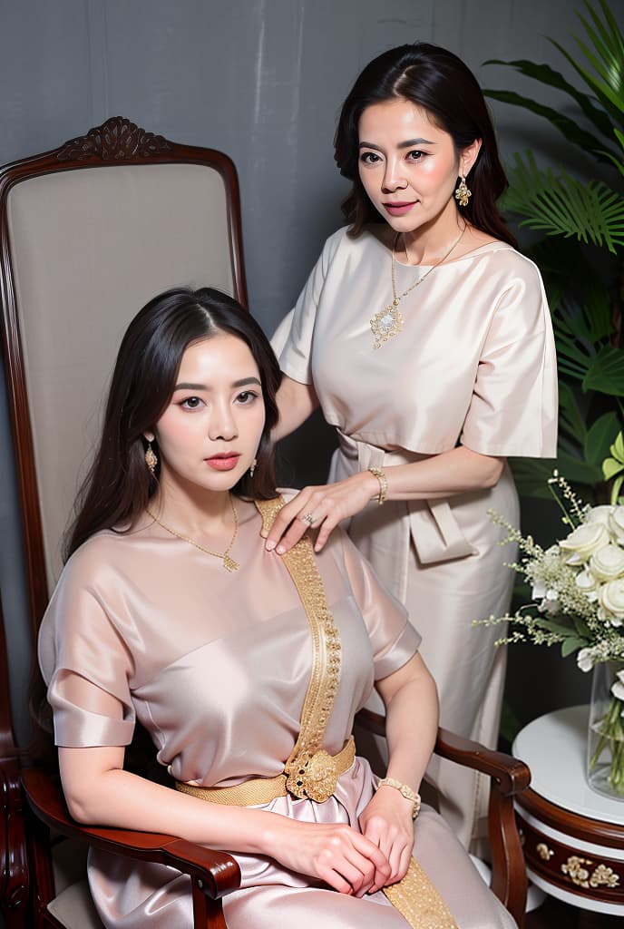  A 50-year-old man in formal wear is posing for a photo behind a plump 45-year-old woman wearing an evening gown who is sitting on a luxurious chair. Vintage oil painting background, sabai,jewelry,thailand tradition dress ADVERTISING PHOTO,high quality, good proportion, masterpiece , The image is captured with an 8k camera and edited using the latest digital tools to produce a flawless final result.