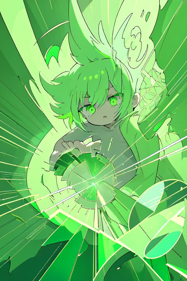  Green hair character dust explosion, light broken reflection, light flexion, precision shadow, extremely detailed line drawing, 4K, 8K