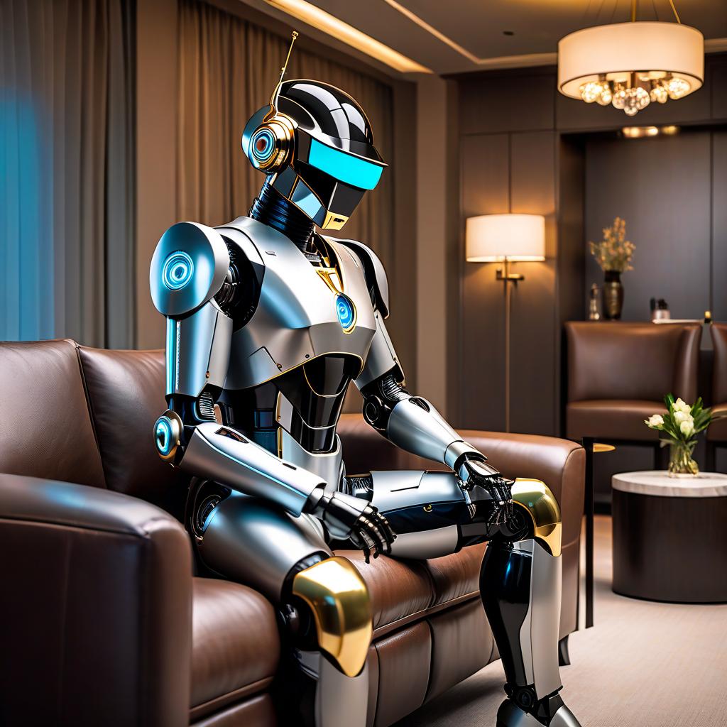  minimalist style A humanoid robot, Daft Punk, psychologist, in casual attire of the 21st century, with a face made of symbols, life size, in a hotel, soft shades of color, small in size, business suit, sitting on a couch. . simple, clean, uncluttered, modern, elegant hyperrealistic, full body, detailed clothing, highly detailed, cinematic lighting, stunningly beautiful, intricate, sharp focus, f/1. 8, 85mm, (centered image composition), (professionally color graded), ((bright soft diffused light)), volumetric fog, trending on instagram, trending on tumblr, HDR 4K, 8K