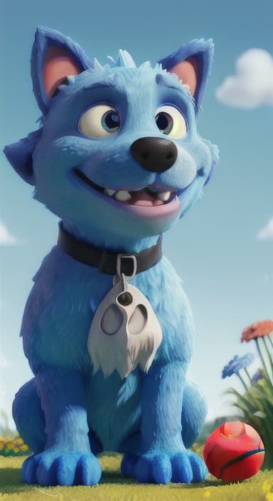  {Max carefully picking up the ball with his teeth without disturbing the flowers, The big blue dog is large with sky blue fur, big round eyes, a black nose, and floppy ears.