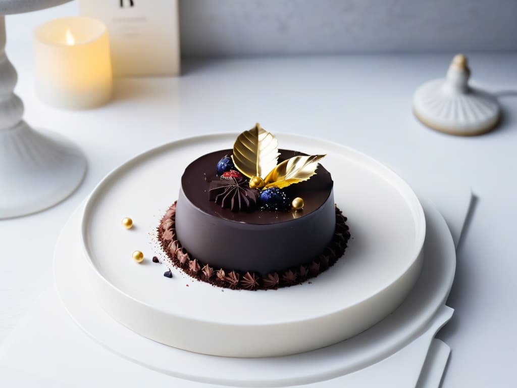  A minimalist dessert plate featuring a single exquisite piece of dark chocolate ganache, perfectly smooth and shiny, garnished with a delicate gold leaf. The plate is set on a sleek, white marble surface, with soft, diffused lighting creating a subtle glow around the dessert. The presentation is elegant and refined, emphasizing the beauty of simplicity in chocolate dessert design. hyperrealistic, full body, detailed clothing, highly detailed, cinematic lighting, stunningly beautiful, intricate, sharp focus, f/1. 8, 85mm, (centered image composition), (professionally color graded), ((bright soft diffused light)), volumetric fog, trending on instagram, trending on tumblr, HDR 4K, 8K