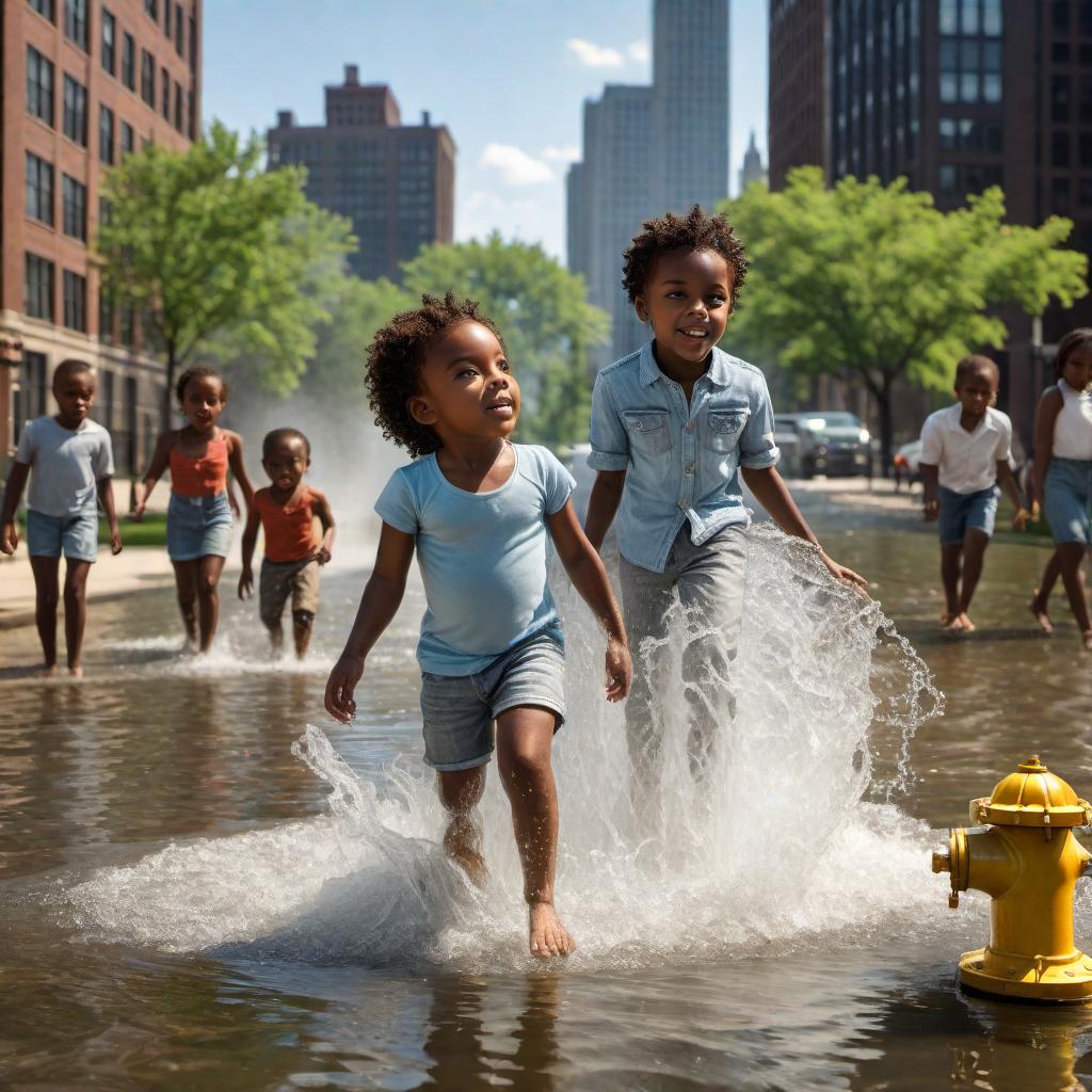  African-American children playing in the water that's coming from a fire hydrant in an urban setting in the city of Chicago on a hot sunny day. hyperrealistic, full body, detailed clothing, highly detailed, cinematic lighting, stunningly beautiful, intricate, sharp focus, f/1. 8, 85mm, (centered image composition), (professionally color graded), ((bright soft diffused light)), volumetric fog, trending on instagram, trending on tumblr, HDR 4K, 8K