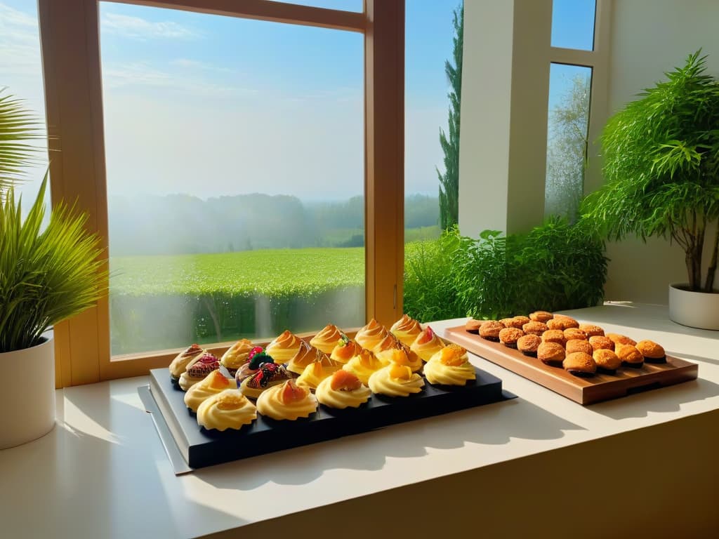  An ultradetailed 8k image of a serene and minimalist kitchen with marble countertops, sleek white cabinets, and a large window overlooking a lush green garden. The sunlight streams in, casting a warm glow on a beautifully arranged display of freshly baked pastries and cakes, exuding an atmosphere of calmness and inspiration. hyperrealistic, full body, detailed clothing, highly detailed, cinematic lighting, stunningly beautiful, intricate, sharp focus, f/1. 8, 85mm, (centered image composition), (professionally color graded), ((bright soft diffused light)), volumetric fog, trending on instagram, trending on tumblr, HDR 4K, 8K