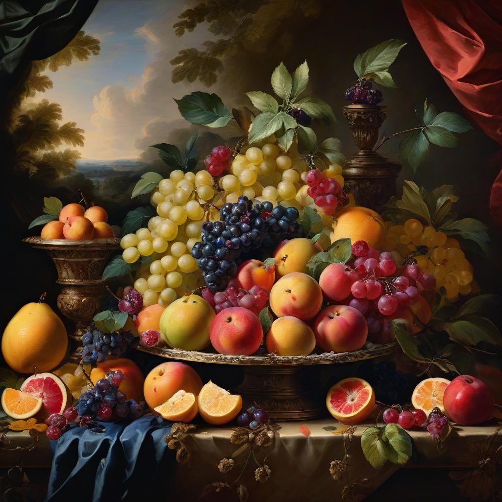  fruit is a still life painted in broad strokes in the Flemish style of the 17th century by the artist Paul Rubens hyperrealistic, full body, detailed clothing, highly detailed, cinematic lighting, stunningly beautiful, intricate, sharp focus, f/1. 8, 85mm, (centered image composition), (professionally color graded), ((bright soft diffused light)), volumetric fog, trending on instagram, trending on tumblr, HDR 4K, 8K