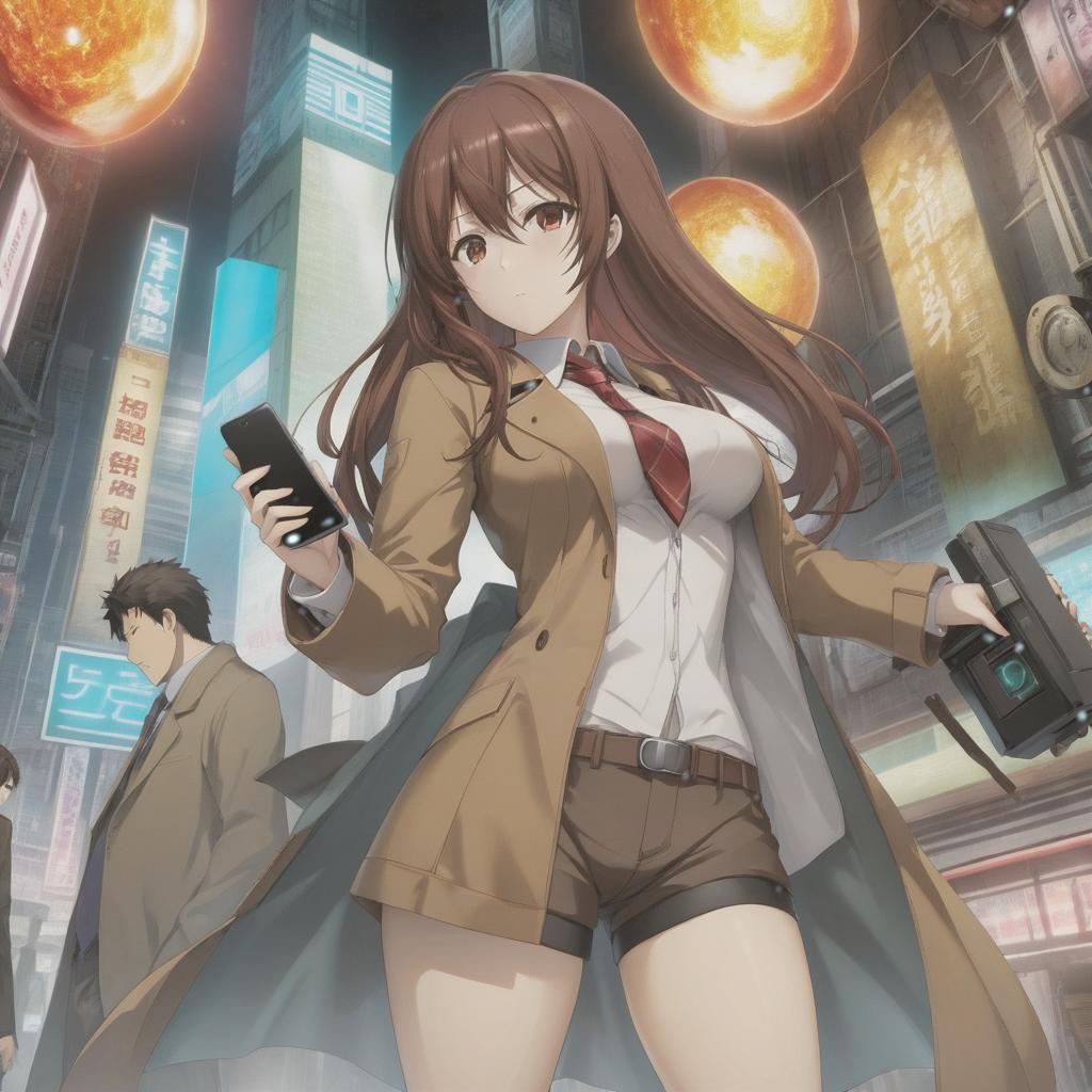  anime artwork makise kurisu from steins;gate , in future gadgets laboratory, with phone, in brown coat, in shorts full height, high quality . anime style, key visual, vibrant, studio anime, highly detailed hyperrealistic, full body, detailed clothing, highly detailed, cinematic lighting, stunningly beautiful, intricate, sharp focus, f/1. 8, 85mm, (centered image composition), (professionally color graded), ((bright soft diffused light)), volumetric fog, trending on instagram, trending on tumblr, HDR 4K, 8K