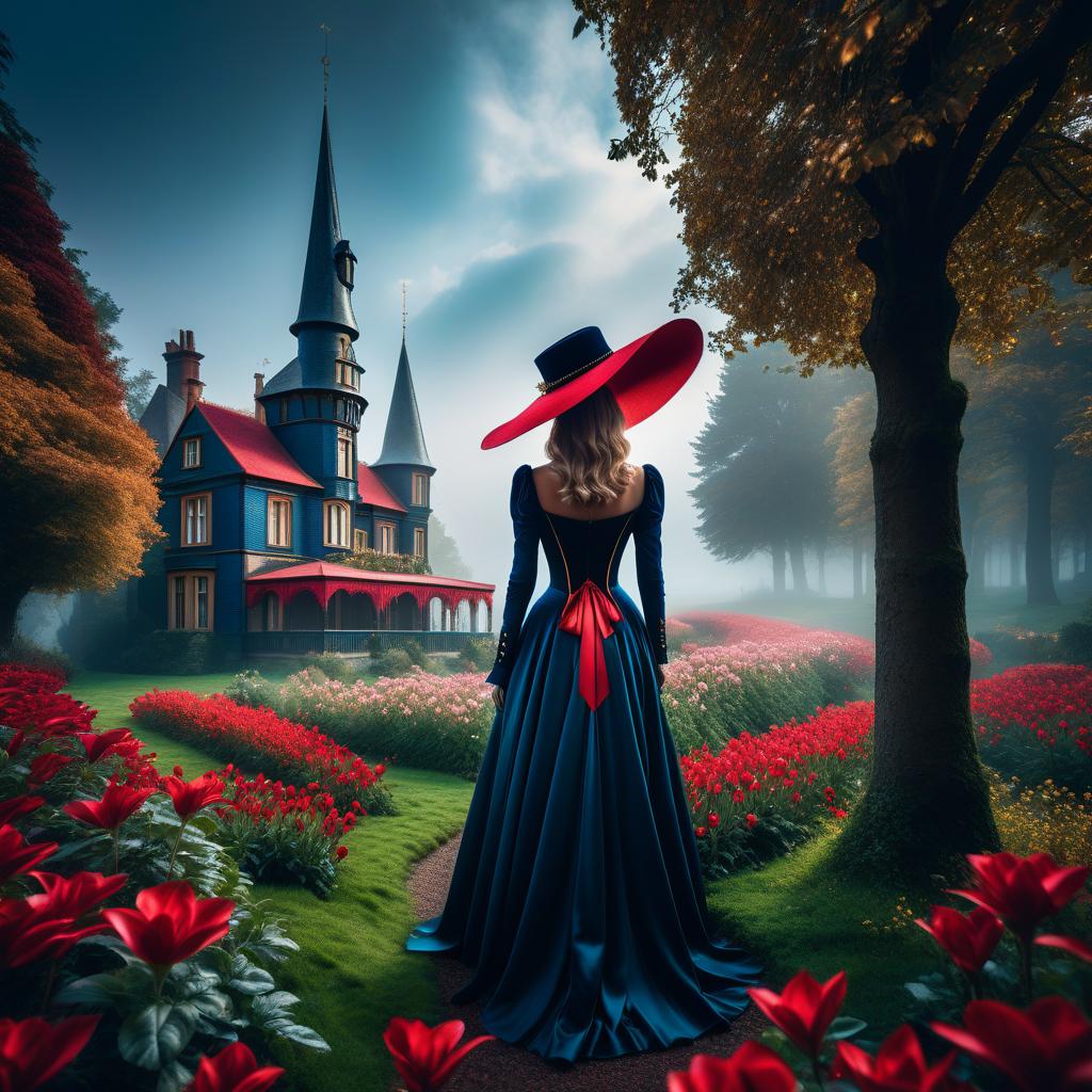  fairy tale (Background):A summer day, a street, a two storey old house immersed in greenery. On the lawn next to the house on a blanket are: a hat, 3 open tubes of red lipstick, gilt rimmed glasses. (Tall hat design):colour:dark blue, with a silvery tint, decorated with gold twisted patterns, small gold beads, a wide red ribbon, with a ruby in a gold frame, a flower bud of purple petals, feathers of gold, red, blue. Translated with DeepL.com (free version) . magical, fantastical, enchanting, storybook style, highly detailed hyperrealistic, full body, detailed clothing, highly detailed, cinematic lighting, stunningly beautiful, intricate, sharp focus, f/1. 8, 85mm, (centered image composition), (professionally color graded), ((bright soft diffused light)), volumetric fog, trending on instagram, trending on tumblr, HDR 4K, 8K