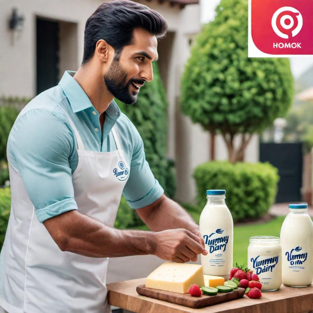  Design an inviting Instagram Reel cover image for 'Yummy Dairy' that beautifully presents an assortment of dairy products like milk bottles, cheese, and yogurt against the backdrop of Islamabad. Show a delivery person in company colors delivering to a customer's home, highlighting the fresh and organic nature of the products. The ambiance should communicate health, freshness, and the convenience of the home delivery service. The image should be well-suited for social media to captivate the audience in Islamabad and promote customer engagement. hyperrealistic, full body, detailed clothing, highly detailed, cinematic lighting, stunningly beautiful, intricate, sharp focus, f/1. 8, 85mm, (centered image composition), (professionally color graded), ((bright soft diffused light)), volumetric fog, trending on instagram, trending on tumblr, HDR 4K, 8K