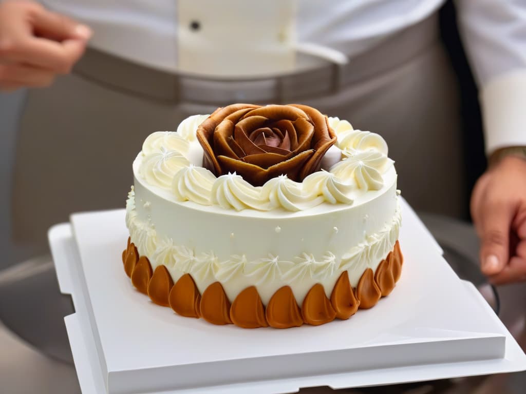  A minimalist, highresolution image of a chef's hand delicately piping intricate frosting details onto a beautifully decorated cake, showcasing precision and skill in the art of pastry decoration. The focus is on the chef's hand and the cake, with a soft, blurred background to highlight the artistry and craftsmanship involved in online pastry certification courses. hyperrealistic, full body, detailed clothing, highly detailed, cinematic lighting, stunningly beautiful, intricate, sharp focus, f/1. 8, 85mm, (centered image composition), (professionally color graded), ((bright soft diffused light)), volumetric fog, trending on instagram, trending on tumblr, HDR 4K, 8K