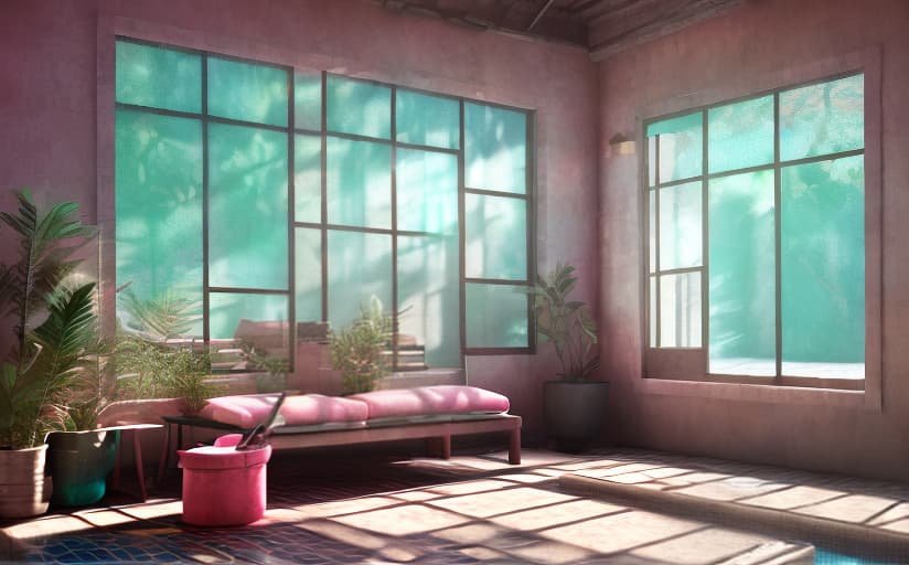 redshift style A sunlit indoor lounge area with a pool with clear water and another pool with translucent pastel pink water, next to a big window, digital art