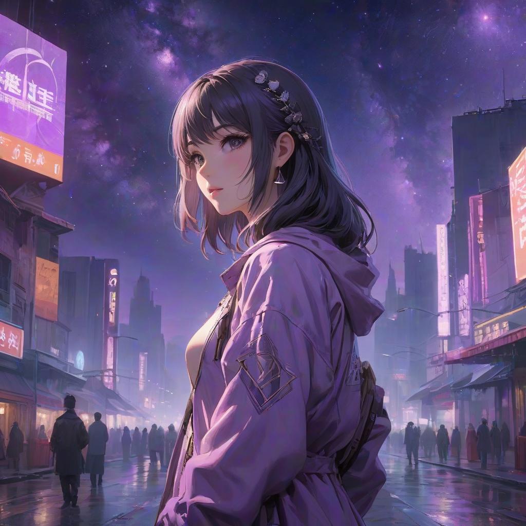  woman standing in front of a purple background, artwork in the style of guweiz, character album cover, wrecked technology, the sky has the milky way, anxious steward of a new castle, the diskworld, breakcore, warmly lit, sidewalk, runic words, toko hyperrealistic, full body, detailed clothing, highly detailed, cinematic lighting, stunningly beautiful, intricate, sharp focus, f/1. 8, 85mm, (centered image composition), (professionally color graded), ((bright soft diffused light)), volumetric fog, trending on instagram, trending on tumblr, HDR 4K, 8K