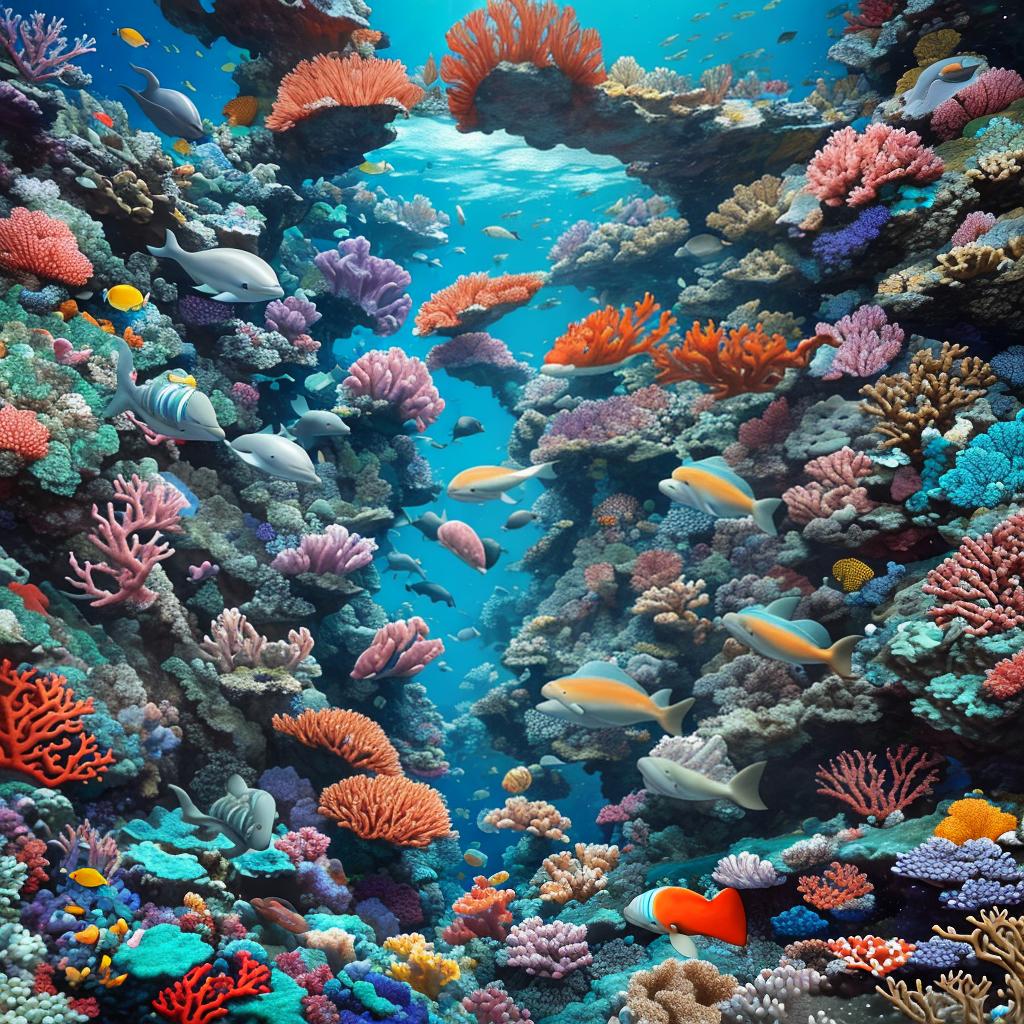  masterpiece, best quality, beautiful deep sea full of corals, diverse marine life and fascinating underwater landscapes with corals, appendages, small fish, anemones, dolphins, various algae, caves, colorful, 8k resolution and intricate detail