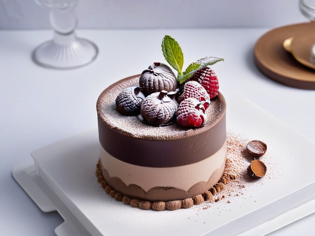  An ultradetailed image of a decadent chocolate mousse served in a sleek, modern glass dessert cup. The mousse is garnished with a delicate dusting of cocoa powder and topped with fresh raspberries and mint leaves for a pop of color. The background is a subtle gradient that enhances the richness of the dessert, creating a visually striking and appetizing image that conveys luxury and indulgence. hyperrealistic, full body, detailed clothing, highly detailed, cinematic lighting, stunningly beautiful, intricate, sharp focus, f/1. 8, 85mm, (centered image composition), (professionally color graded), ((bright soft diffused light)), volumetric fog, trending on instagram, trending on tumblr, HDR 4K, 8K