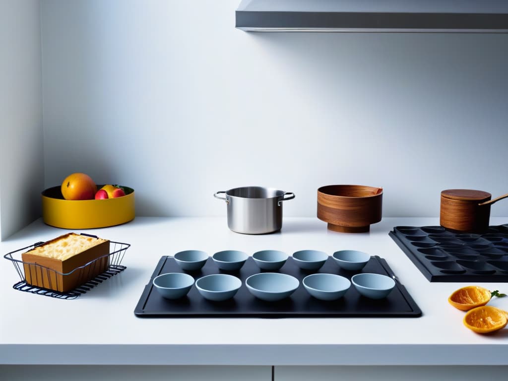  A highresolution image of a sleek, modern kitchen featuring a pristine marble countertop with an array of colorful silicone baking molds neatly organized on one side, contrasting with a set of traditional metal baking pans on the other side. The image conveys a sense of choice and comparison between the two types of baking molds, with soft natural lighting enhancing the minimalist aesthetic. hyperrealistic, full body, detailed clothing, highly detailed, cinematic lighting, stunningly beautiful, intricate, sharp focus, f/1. 8, 85mm, (centered image composition), (professionally color graded), ((bright soft diffused light)), volumetric fog, trending on instagram, trending on tumblr, HDR 4K, 8K