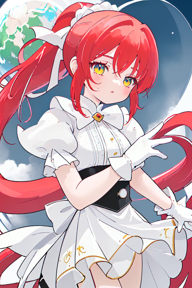  High resolution very high resolution very high resolution. Woman one sided and beautifully raised both arms braided ponytail pony tailed milk clothing Long gloves Long hair camera view shear Ponytail Red hair white white white long globe white gloves white gloves Yellowish