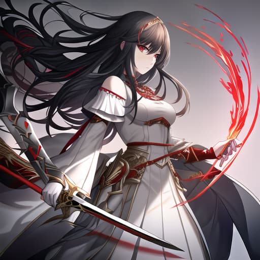  a girl manhua character with black hair and red eyes with white skin wearing knite dress and carrying a sword hyperrealistic, full body, detailed clothing, highly detailed, cinematic lighting, stunningly beautiful, intricate, sharp focus, f/1. 8, 85mm, (centered image composition), (professionally color graded), ((bright soft diffused light)), volumetric fog, trending on instagram, trending on tumblr, HDR 4K, 8K