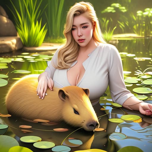  A realistic photograph of a full figured blond woman with a capybara next to a pond with lili pads