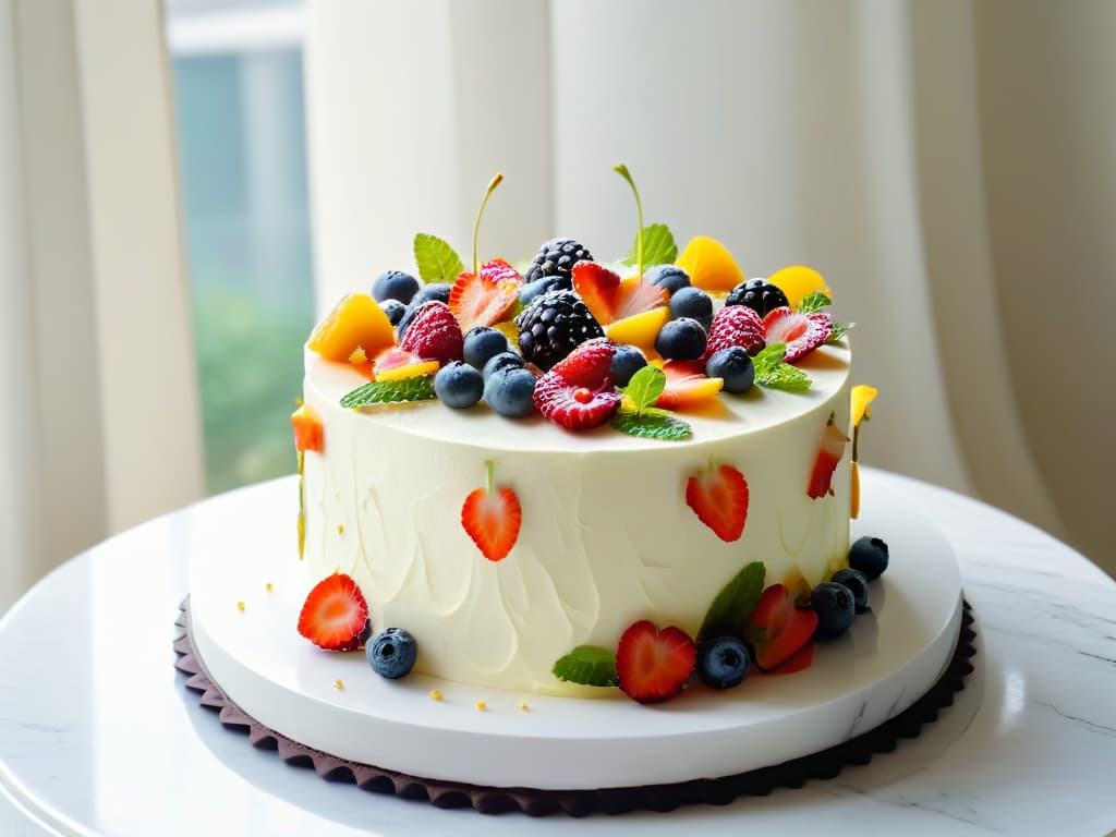  A photorealistic image of a beautifully decorated vegan and glutenfree cake with intricate floral designs made from vibrant fruits and edible flowers, set on a modern marble cake stand. The cake is surrounded by fresh berries and mint leaves, with soft natural light streaming in from a nearby window, highlighting the delicate details and vibrant colors of the dessert. hyperrealistic, full body, detailed clothing, highly detailed, cinematic lighting, stunningly beautiful, intricate, sharp focus, f/1. 8, 85mm, (centered image composition), (professionally color graded), ((bright soft diffused light)), volumetric fog, trending on instagram, trending on tumblr, HDR 4K, 8K