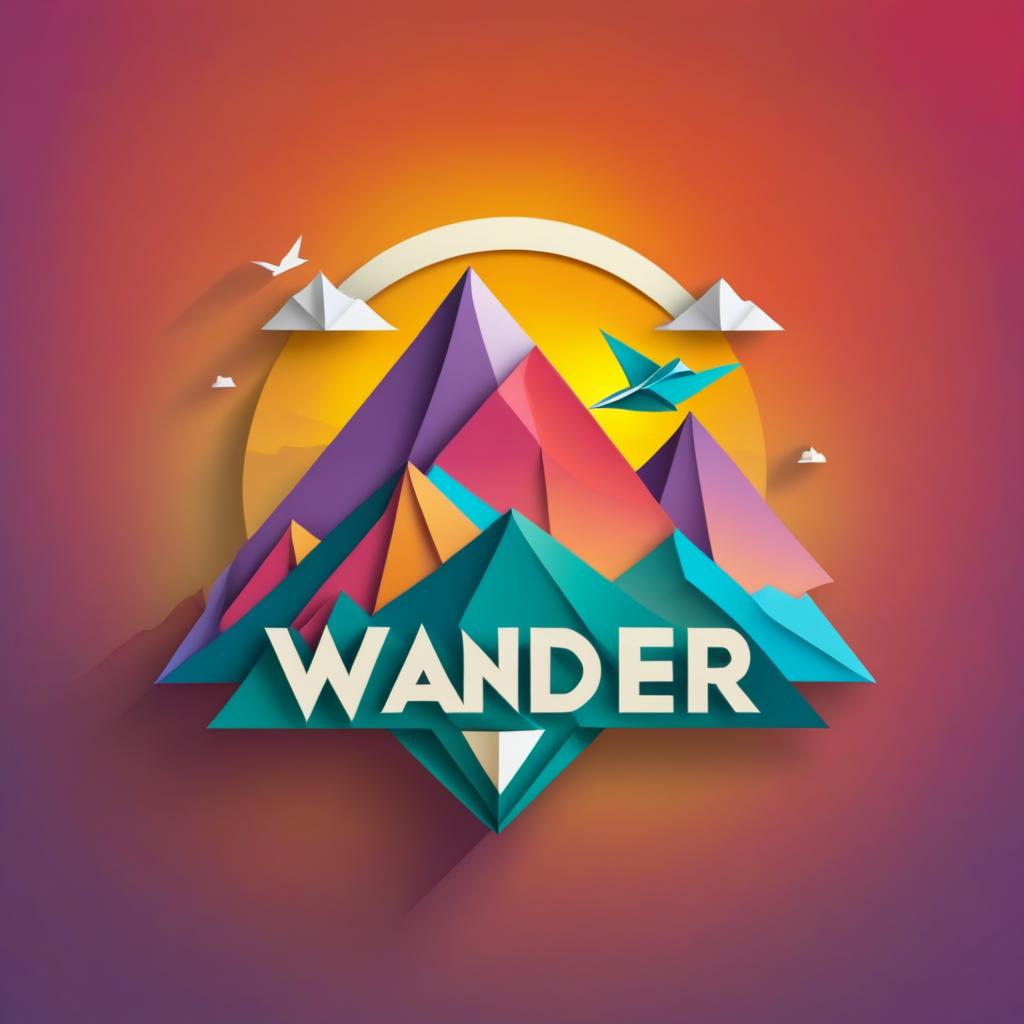  Logo, (origami style), Wanderer blickt über die Alpen bei strahlendem Sonnenaufgang