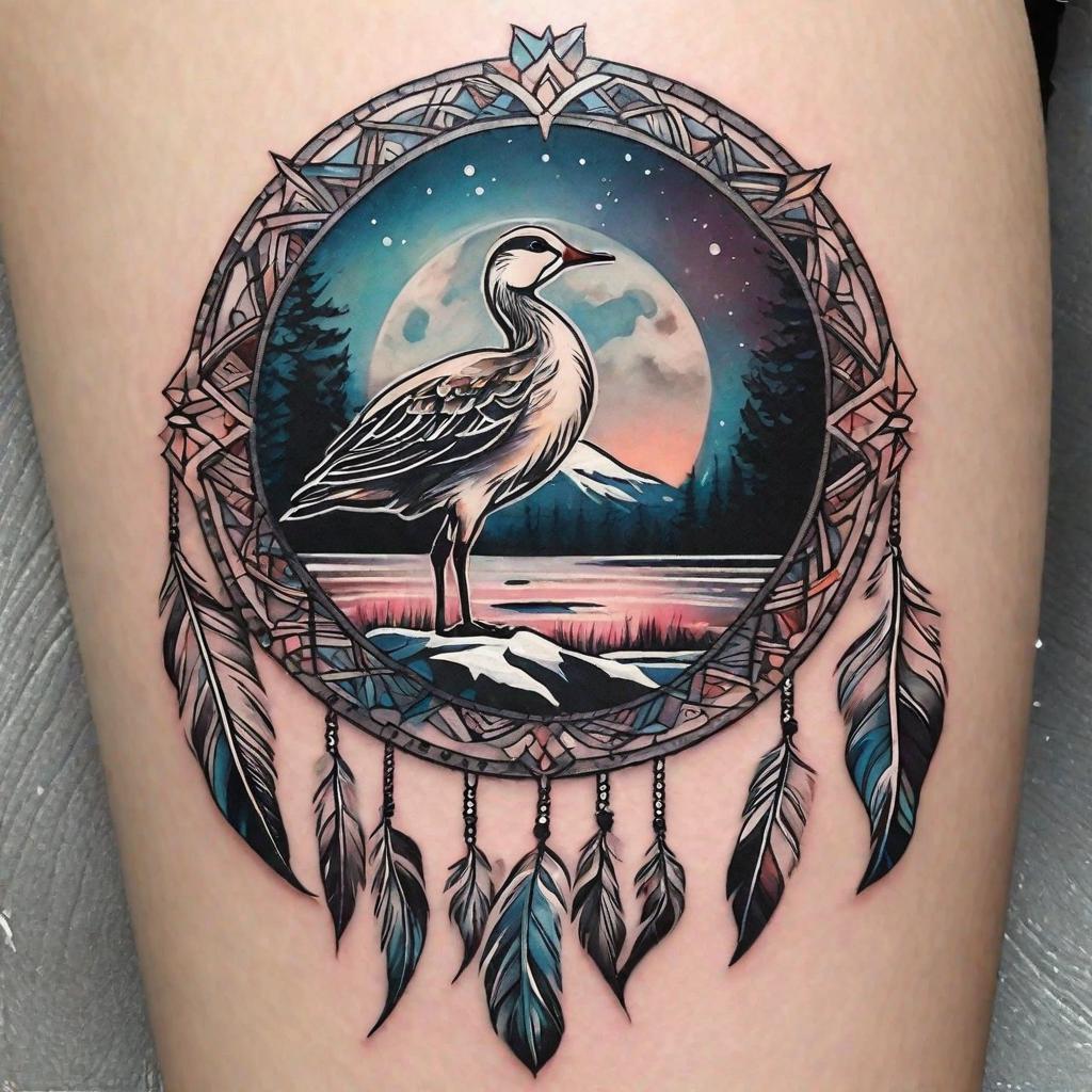  masterpiece, best quality, Realistic tattoo with Dreamcatcher with snow goose