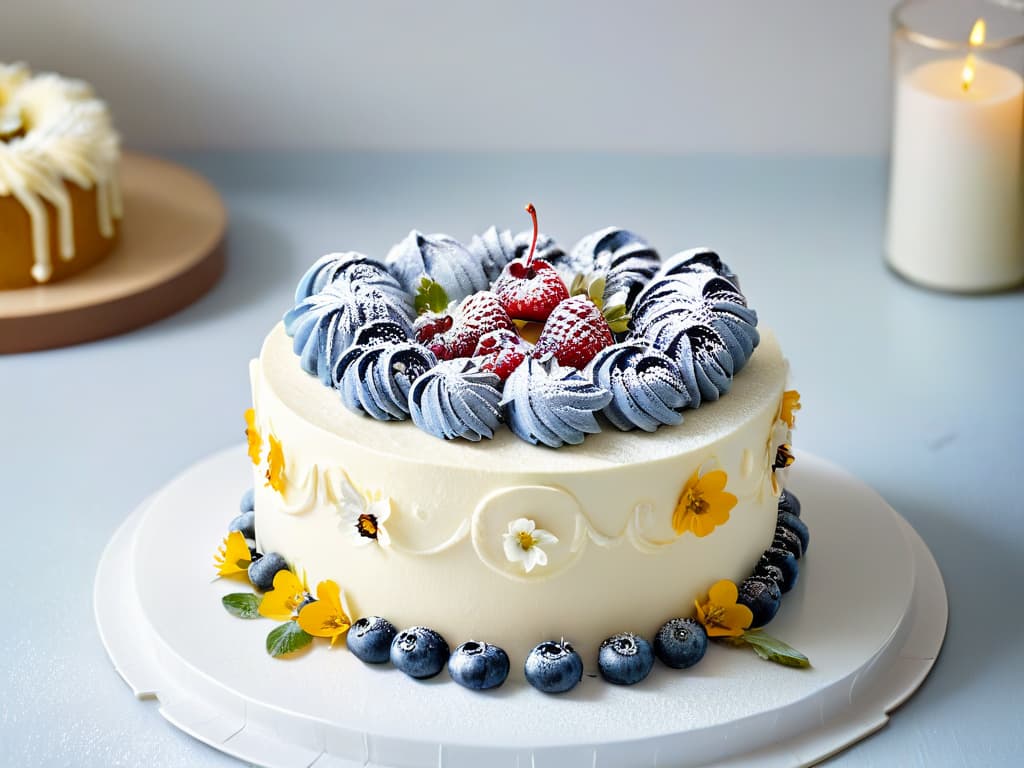  A minimalistic and highly detailed image of a beautifully decorated vegan glutenfree cake, adorned with vibrant fresh berries and delicate edible flowers. The cake sits on a sleek, white ceramic cake stand against a soft, blurred background, showcasing the intricate details of the frosting and decorations. The image exudes elegance and sophistication, appealing to the senses and inviting readers to explore the world of delicious vegan glutenfree baking. hyperrealistic, full body, detailed clothing, highly detailed, cinematic lighting, stunningly beautiful, intricate, sharp focus, f/1. 8, 85mm, (centered image composition), (professionally color graded), ((bright soft diffused light)), volumetric fog, trending on instagram, trending on tumblr, HDR 4K, 8K