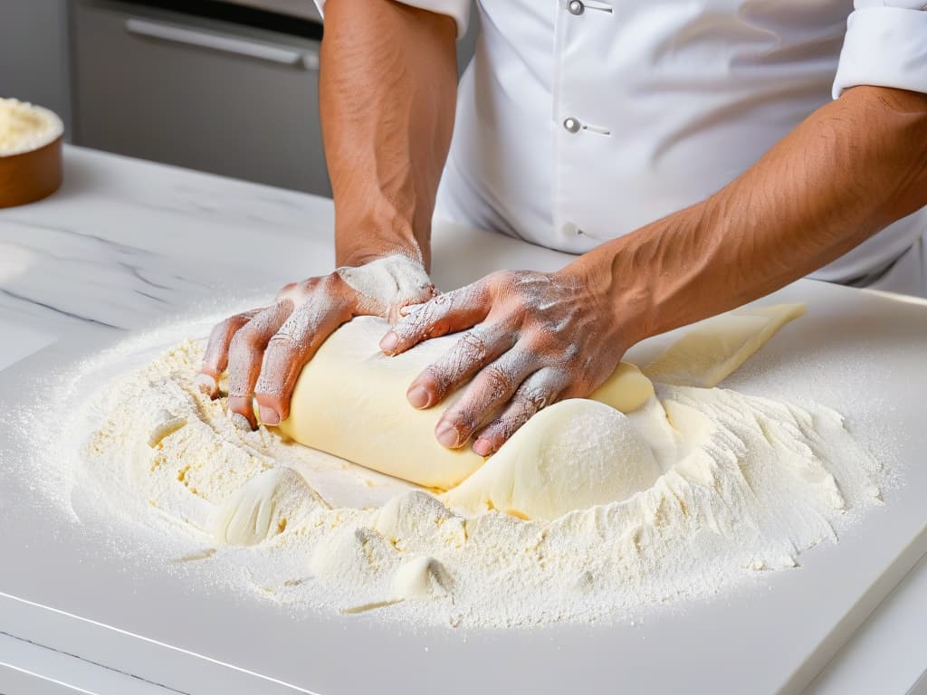  A serene, minimalist image of a chef's hands expertly rolling out dough on a sleek marble countertop, with scattered flour creating a soft dusting around the workspace. The hands are agile and skilled, showcasing the artistry and precision involved in creating culinary masterpieces. The simplicity of the scene highlights the focus and dedication required in the world of international culinary retreats. hyperrealistic, full body, detailed clothing, highly detailed, cinematic lighting, stunningly beautiful, intricate, sharp focus, f/1. 8, 85mm, (centered image composition), (professionally color graded), ((bright soft diffused light)), volumetric fog, trending on instagram, trending on tumblr, HDR 4K, 8K