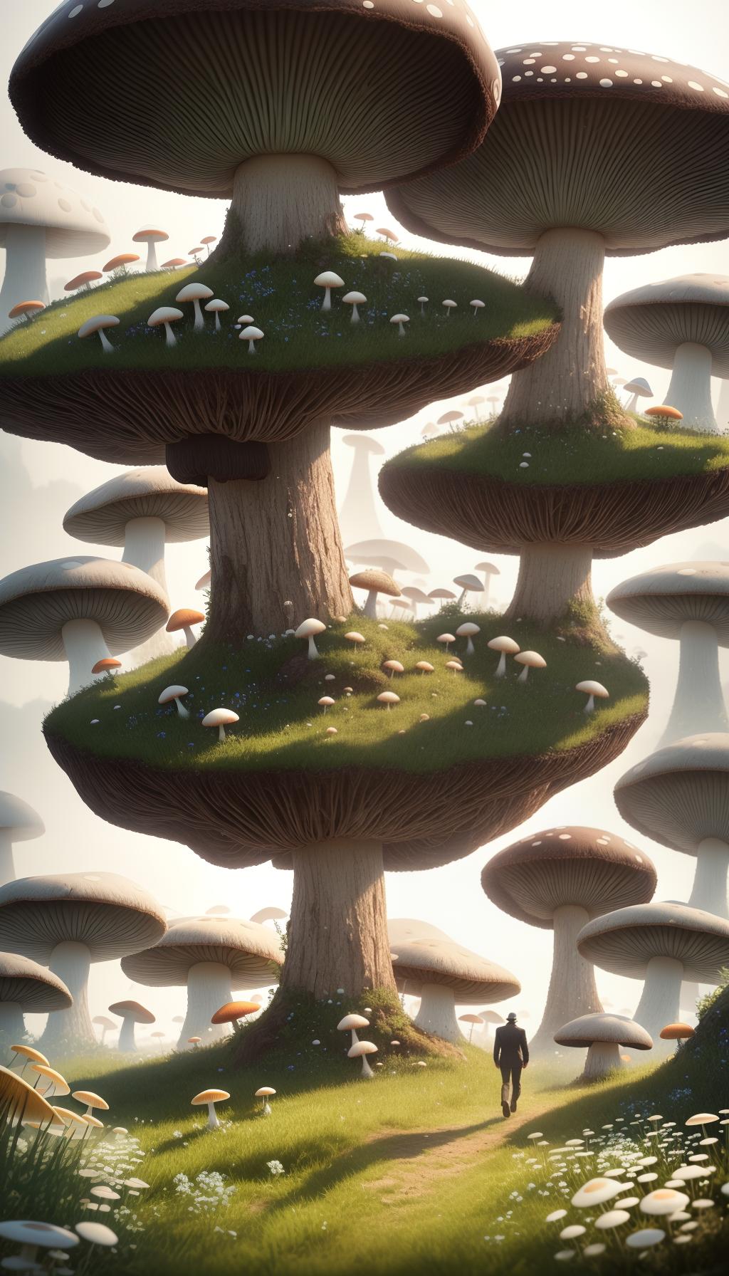  A man is walking through a meadow where two-meter-tall mushrooms are growing. I can't even reach the cap. hyperrealistic, full body, detailed clothing, highly detailed, cinematic lighting, stunningly beautiful, intricate, sharp focus, f/1. 8, 85mm, (centered image composition), (professionally color graded), ((bright soft diffused light)), volumetric fog, trending on instagram, trending on tumblr, HDR 4K, 8K