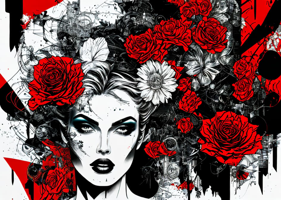 IN THE STYLE OF <MAGIFACTORY> A bold portrait of a beautiful woman, mixed media, fusion, collage, digital artwork, color palette of black, white, shades of gray, red splashes, red color pop, flat, fragmented, chaos, complex, overlapping textures and elements, gritty, urban, dynamic, contrast, striking, sense of symmetry, pop art, punk collage, grunge hyperrealistic, full body, detailed clothing, highly detailed, cinematic lighting, stunningly beautiful, intricate, sharp focus, f/1. 8, 85mm, (centered image composition), (professionally color graded), ((bright soft diffused light)), volumetric fog, trending on instagram, trending on tumblr, HDR 4K, 8K