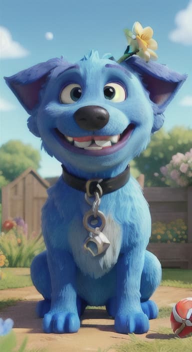  {Max carefully picking up the ball with his teeth without disturbing the flowers, The big blue dog is large with sky blue fur, big round eyes, a black nose, and floppy ears.