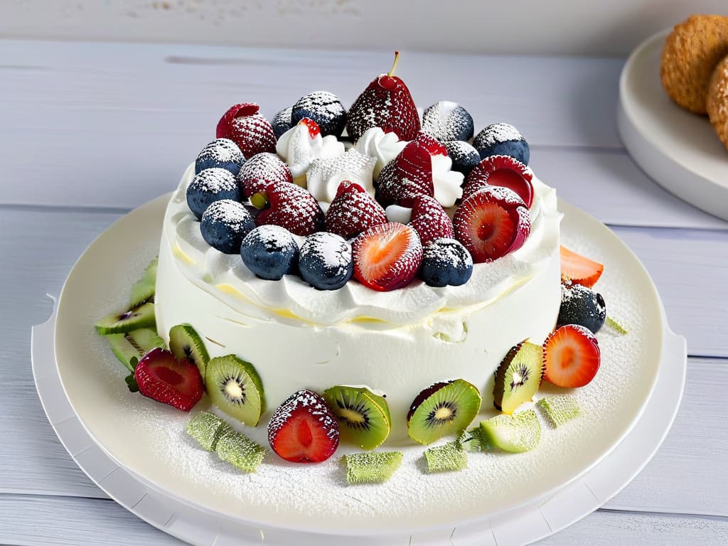  An ultradetailed image showcasing a beautifully plated Pavlova dessert on a sleek, minimalist white plate. The Pavlova is topped with a generous portion of vibrant mixed berries, perfectly sliced kiwi, and a light dusting of powdered sugar. The meringue base is perfectly crisp on the outside, with a delicate, marshmallowlike texture inside, all set against a softfocus background to emphasize the dessert's elegance and simplicity. hyperrealistic, full body, detailed clothing, highly detailed, cinematic lighting, stunningly beautiful, intricate, sharp focus, f/1. 8, 85mm, (centered image composition), (professionally color graded), ((bright soft diffused light)), volumetric fog, trending on instagram, trending on tumblr, HDR 4K, 8K