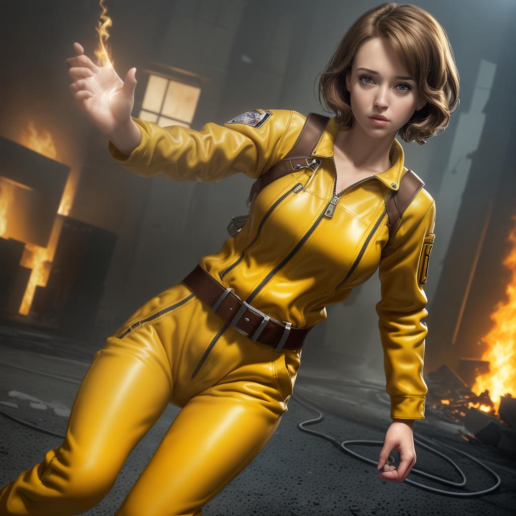  (((medium full shot))), (Masterpiece, photorealistic, photorealism, best quality, ultra detailed:1.3), (nice hands, perfect hands), official art, cinematic light, (1girl:1.3), april o'neil, short hair, brown hair, brown hair, brown eyes, lips, yellow jumpsuit, zipper, wristwatch, white belt, white boots, holding microphone in front of chest, burning building in background, night